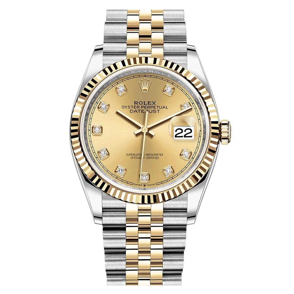 Rolex Datejust 36mm Two-Tone Yellow Gold & Oystersteel Champagne Diamond Dial Fluted Bezel Jubilee Bracelet 126233