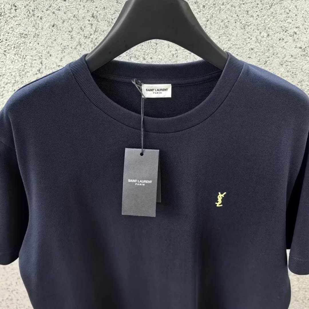 Saint Laurent T Shirt Embroidered Yellow Logo (Navy) — ビュー 7