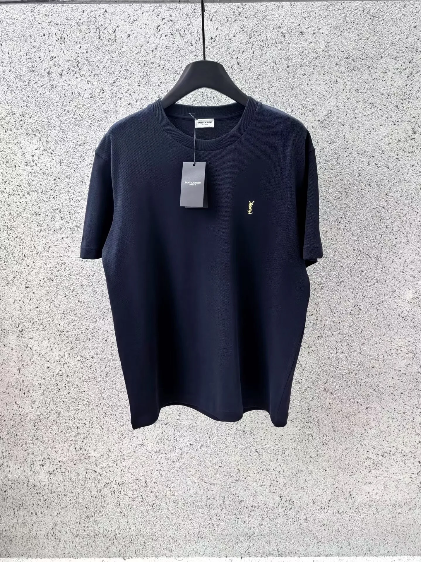 Saint Laurent T Shirt Embroidered Yellow Logo (Navy)