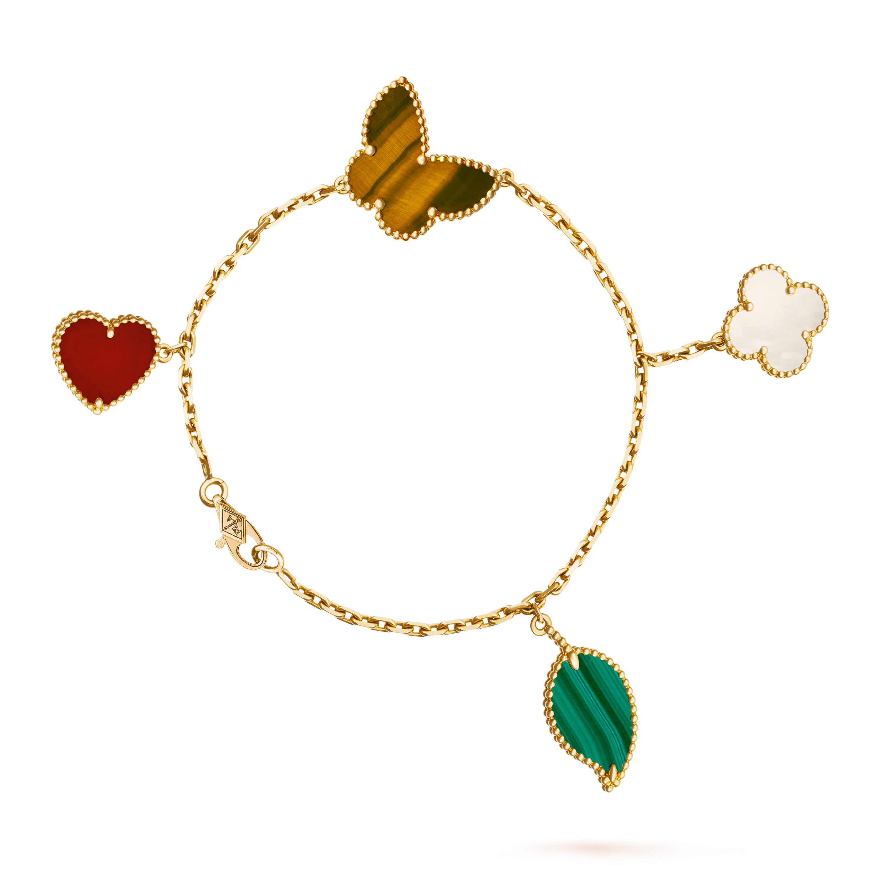 VCA Lucky Alhambra Carnelian, Malachite, Mother-of-Pearl, Tiger Eye, 4 motifs, VCARD79600