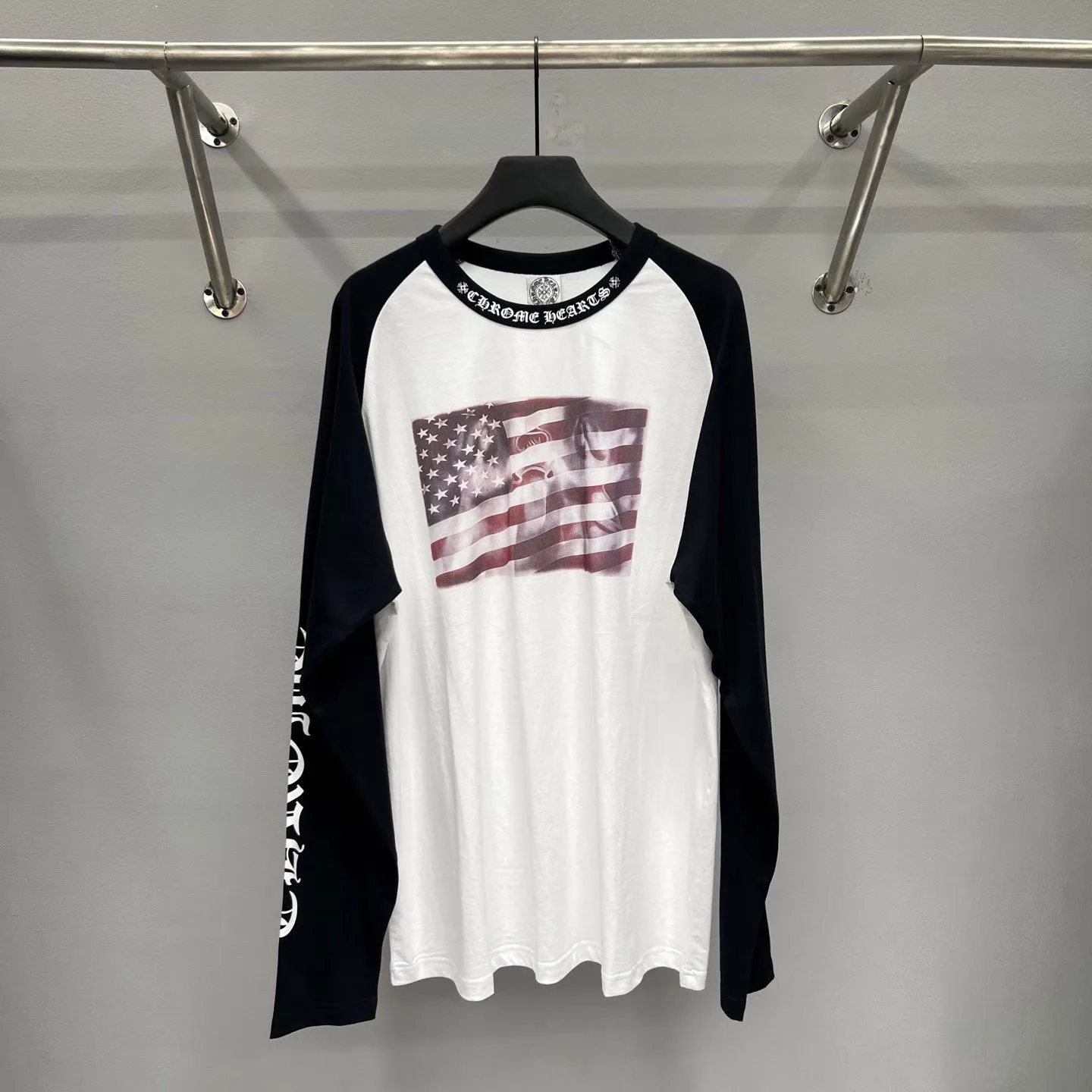Vintage Chrome Hearts Angel American Flag Longsleeve T Shirt (White/Black)