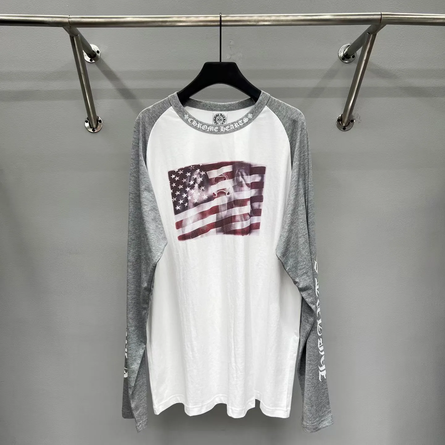Vintage Chrome Hearts Angel American Flag Longsleeve T Shirt (White/Grey)